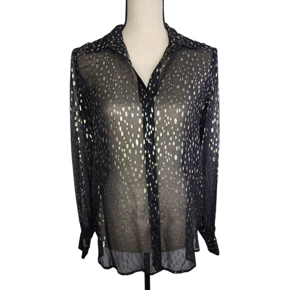 L'AGENCE Black Sheer Metallic Dots Long Sleeve Button Blouse XS/T - Picture 1 of 8